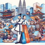 Tradisjonelle og moderne aspekter av Sør-Koreansk kultur sammenflettet i ett bilde.