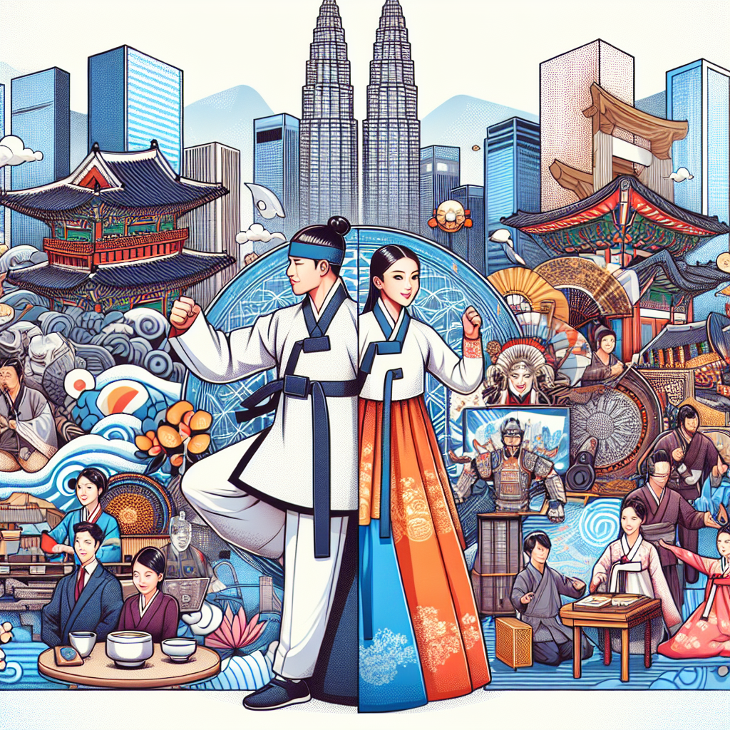 Tradisjonelle og moderne aspekter av Sør-Koreansk kultur sammenflettet i ett bilde.