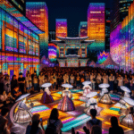 Fargerik festival i Sør-Korea med moderne lysinstallasjoner, tradisjonelle kunstnere og publikum i blandet aldre, nattstemning, urban bakgrunn