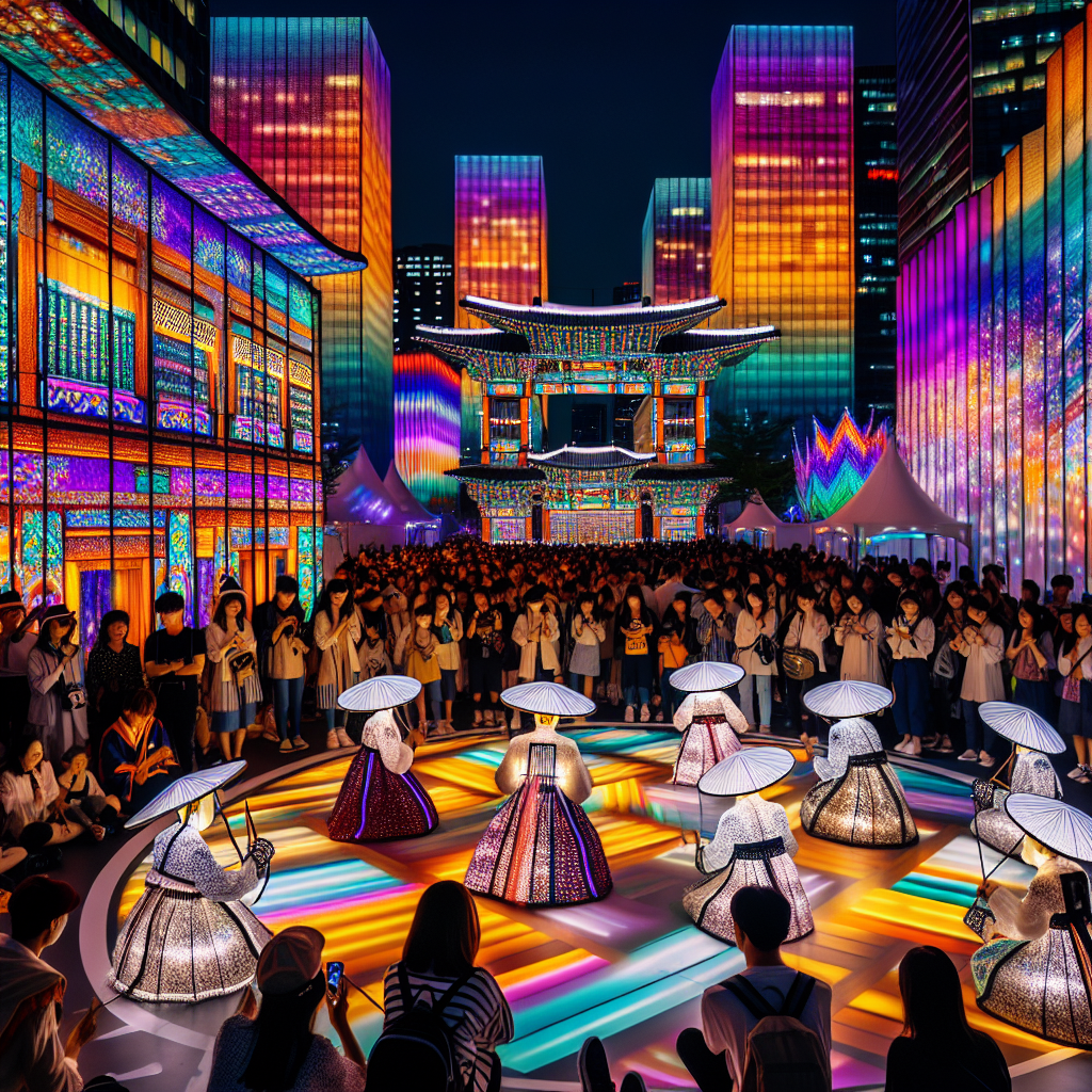 Fargerik festival i Sør-Korea med moderne lysinstallasjoner, tradisjonelle kunstnere og publikum i blandet aldre, nattstemning, urban bakgrunn