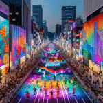 Fargerik gatefestival i Seoul med moderne lysinstallasjoner, tradisjonell koreansk dans og et energisk publikum mot byens skyline