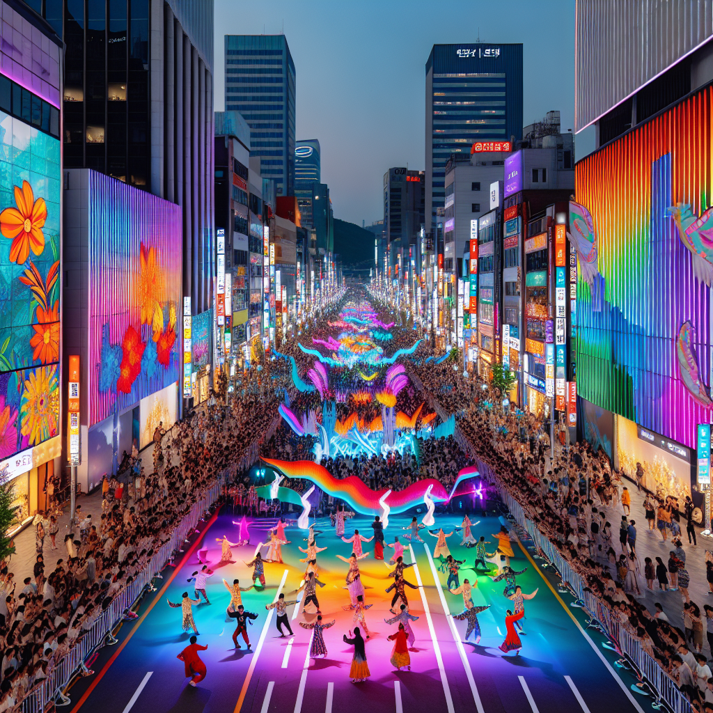 Fargerik gatefestival i Seoul med moderne lysinstallasjoner, tradisjonell koreansk dans og et energisk publikum mot byens skyline