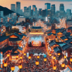 Panoramabilde av en koreansk byscene om kvelden med blend av tradisjonelle lanterner og moderne skyskrapere, festivalpublikum og scenelys i varmt fargeskjær