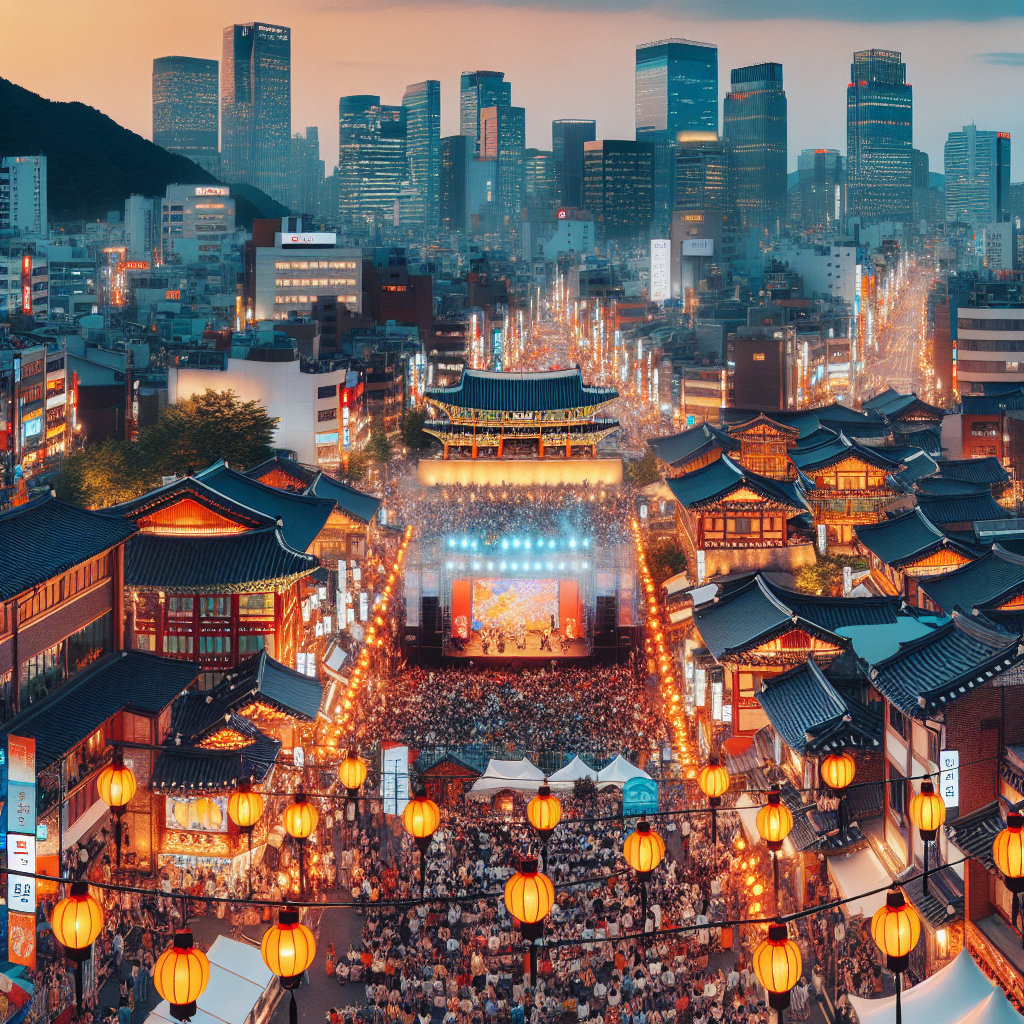 Panoramabilde av en koreansk byscene om kvelden med blend av tradisjonelle lanterner og moderne skyskrapere, festivalpublikum og scenelys i varmt fargeskjær